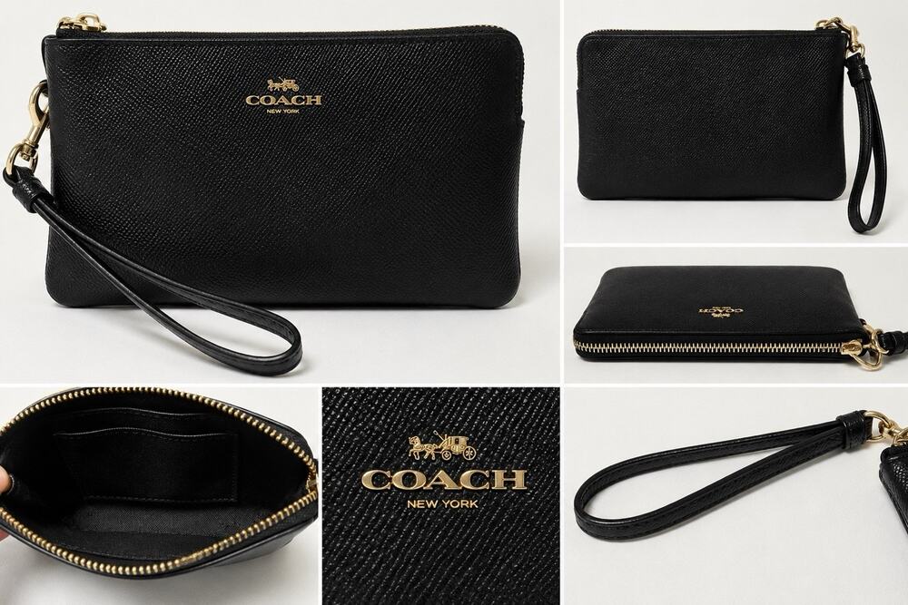 Coach Black Wristlet Zip Pouch Gold Logo Saffiano Leather Style Small Clutch